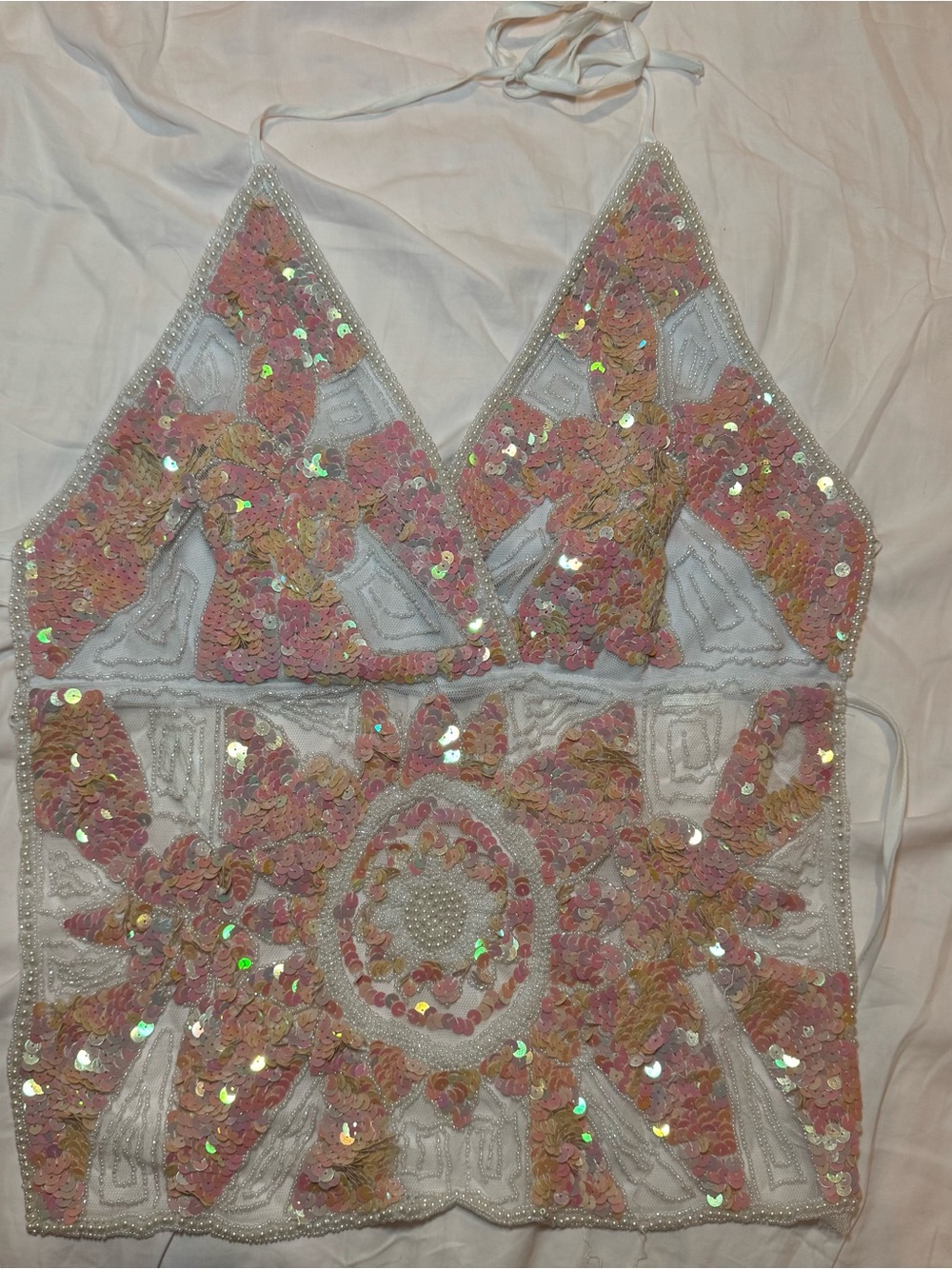 Gold, Pink & White Sequin Halter Crop Top with